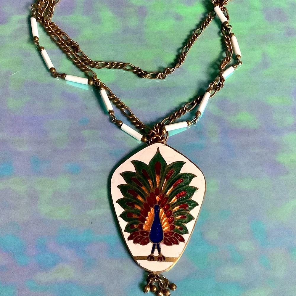 Vintage Cloisonné Enamel Necklace Peacock Pendant